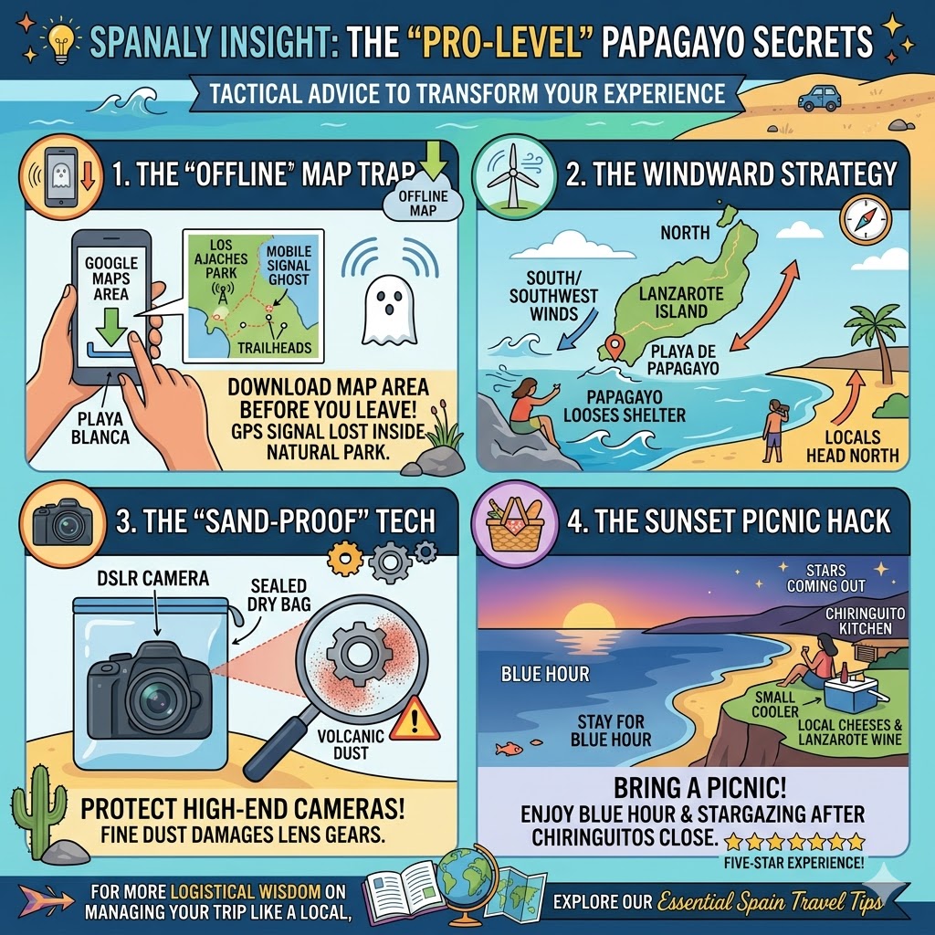 A tactical 4-part infographic highlighting expert secrets for Playa de Papagayo, including offline maps, wind strategies, camera protection, and sunset picnic hacks.