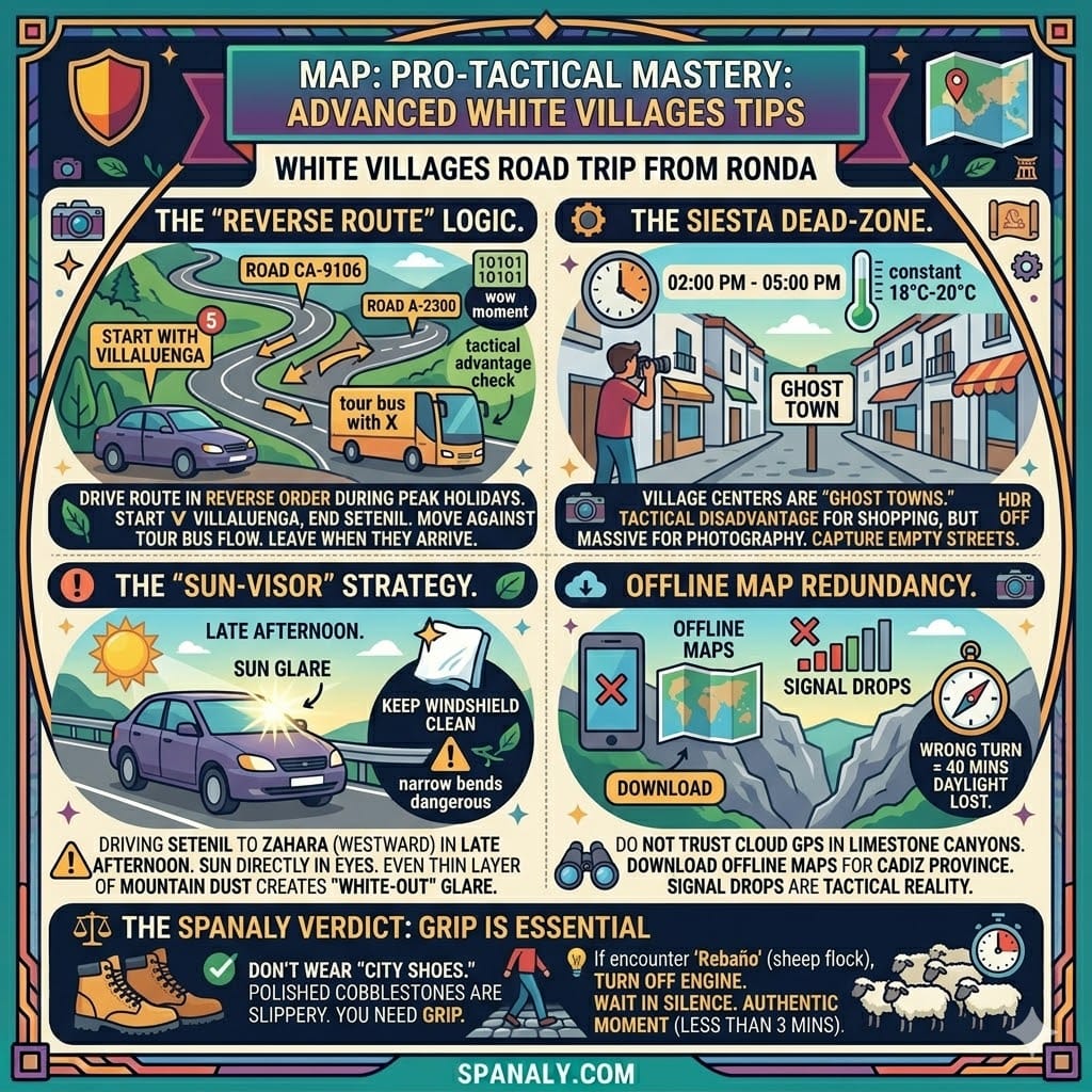 An advanced tactical infographic for the White Villages road trip, showing the reverse route logic, siesta photography advantages, offline map importance, and driving safety against sun glare.