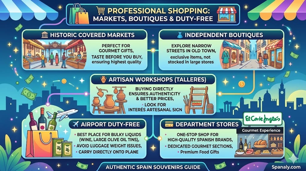 A horizontal infographic guide to professional shopping in Spain, featuring historic markets, independent boutiques, artisan workshops, airport duty-free tips, and luxury department stores.