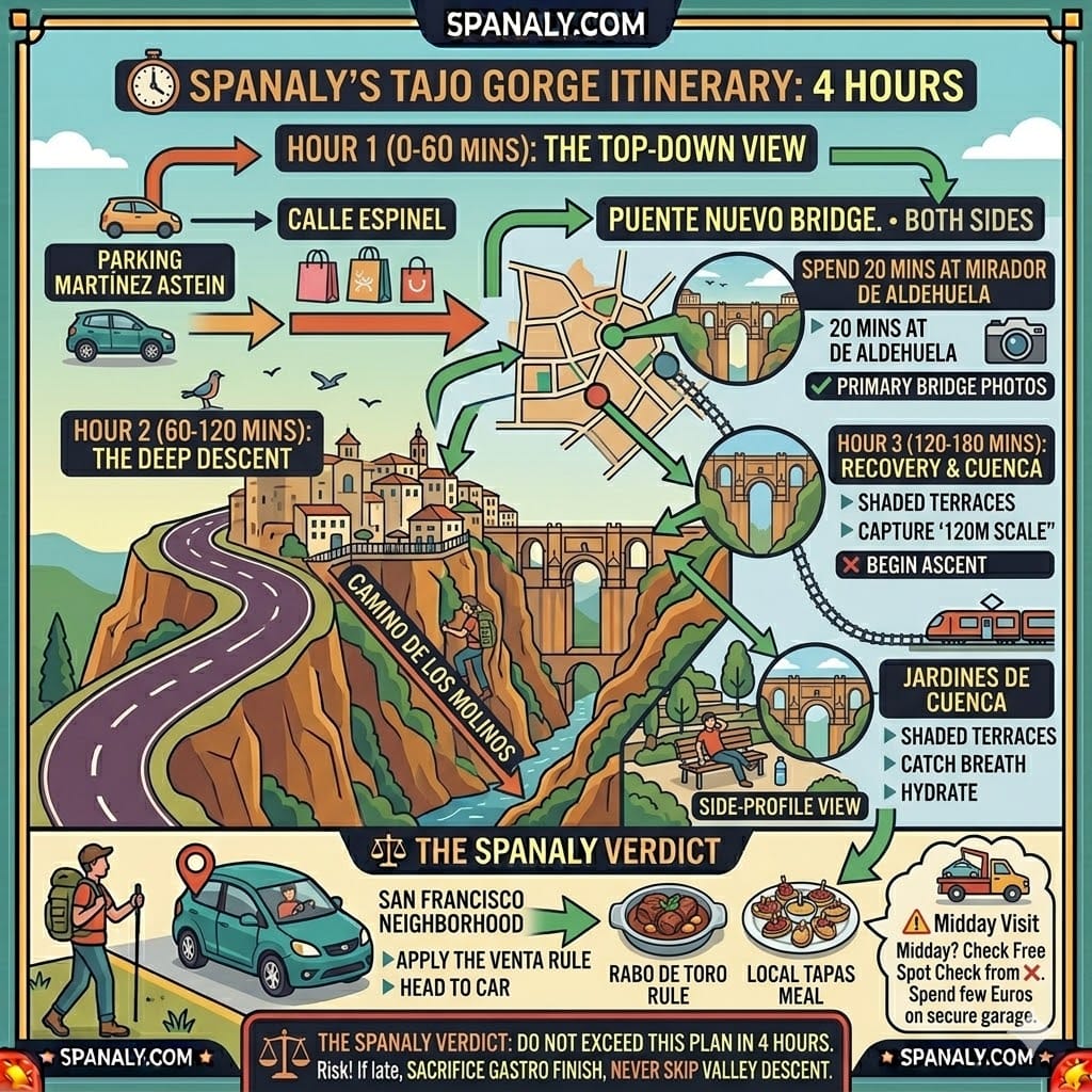 A 4-hour tactical itinerary infographic for Puente Nuevo Ronda, detailing hour-by-hour steps from parking at Martínez Astein to the valley descent, Cuenca Gardens, and a gastronomic finish in San Francisco.