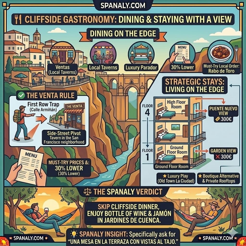 A tactical gastronomy and accommodation infographic for Ronda, showing the Venta Rule for cliffside dining, tips for choosing rooms with bridge views at the Parador, and the budget-friendly picnic alternative in Cuenca Gardens.