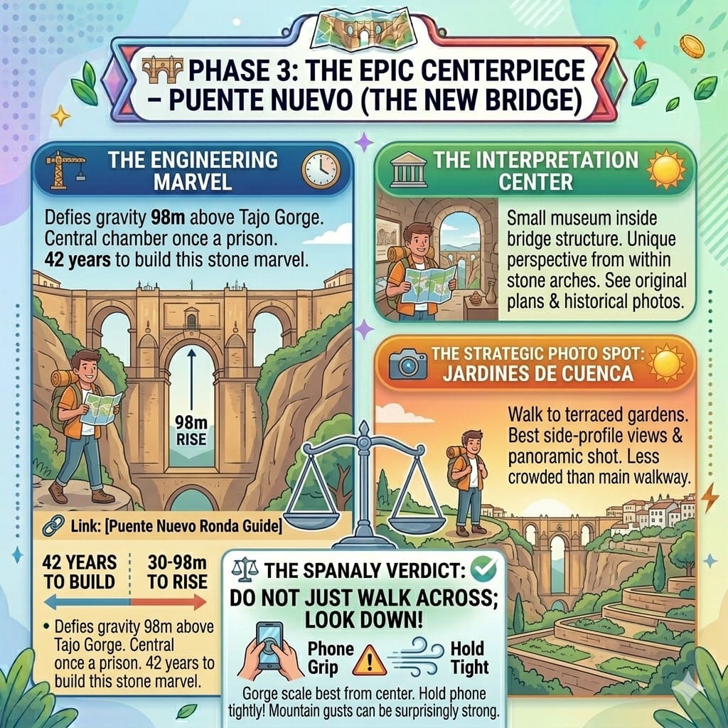 Tactical infographic for Puente Nuevo in Ronda showing its 98-meter height, 42-year construction history, and the best photo spots at Jardines de Cuenca.