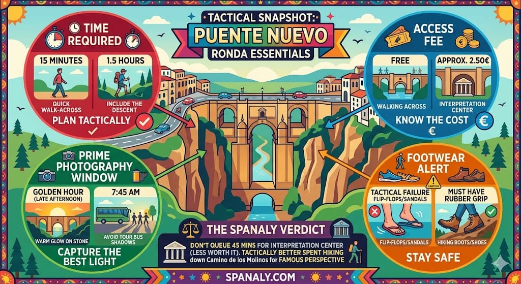 A colorful tactical infographic of Puente Nuevo Ronda essentials, featuring time requirements, access fees for the bridge and museum, photography windows, and footwear safety alerts.