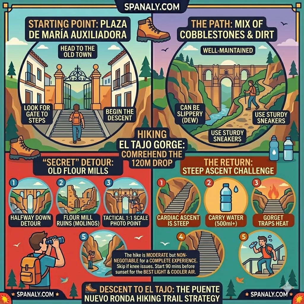 A tactical hiking guide infographic for the El Tajo Gorge descent in Ronda, showing the starting point at Plaza de Maria Auxiliadora, path conditions, the old flour mills detour, and ascent tips.