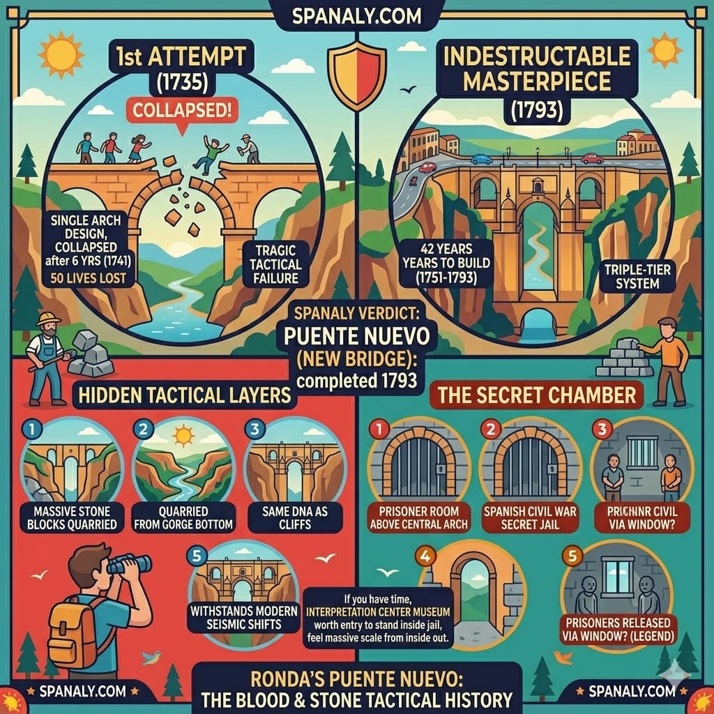 A tactical history infographic of Puente Nuevo Ronda showing the 1735 collapse of the first bridge and the successful 1793 reconstruction with its triple-tier system and secret prison chamber.