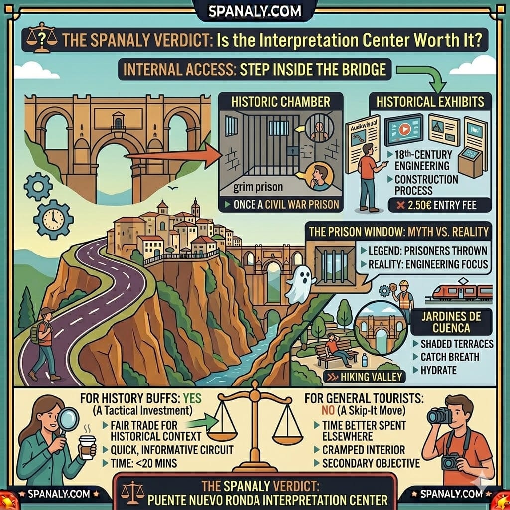 A tactical decision-making infographic for the Puente Nuevo Interpretation Center, highlighting the Civil War prison history, 18th-century engineering exhibits, entry costs, and the final Spanaly verdict for tourists.