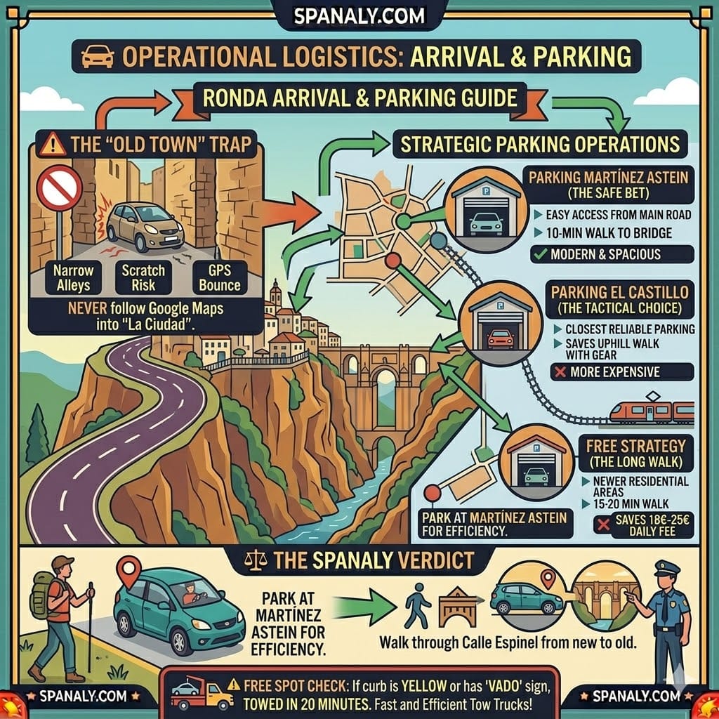 A tactical parking and arrival infographic for Ronda, highlighting the dangers of driving into the Old Town, best parking garages like Martínez Astein and El Castillo, and free parking alternatives near the train station.