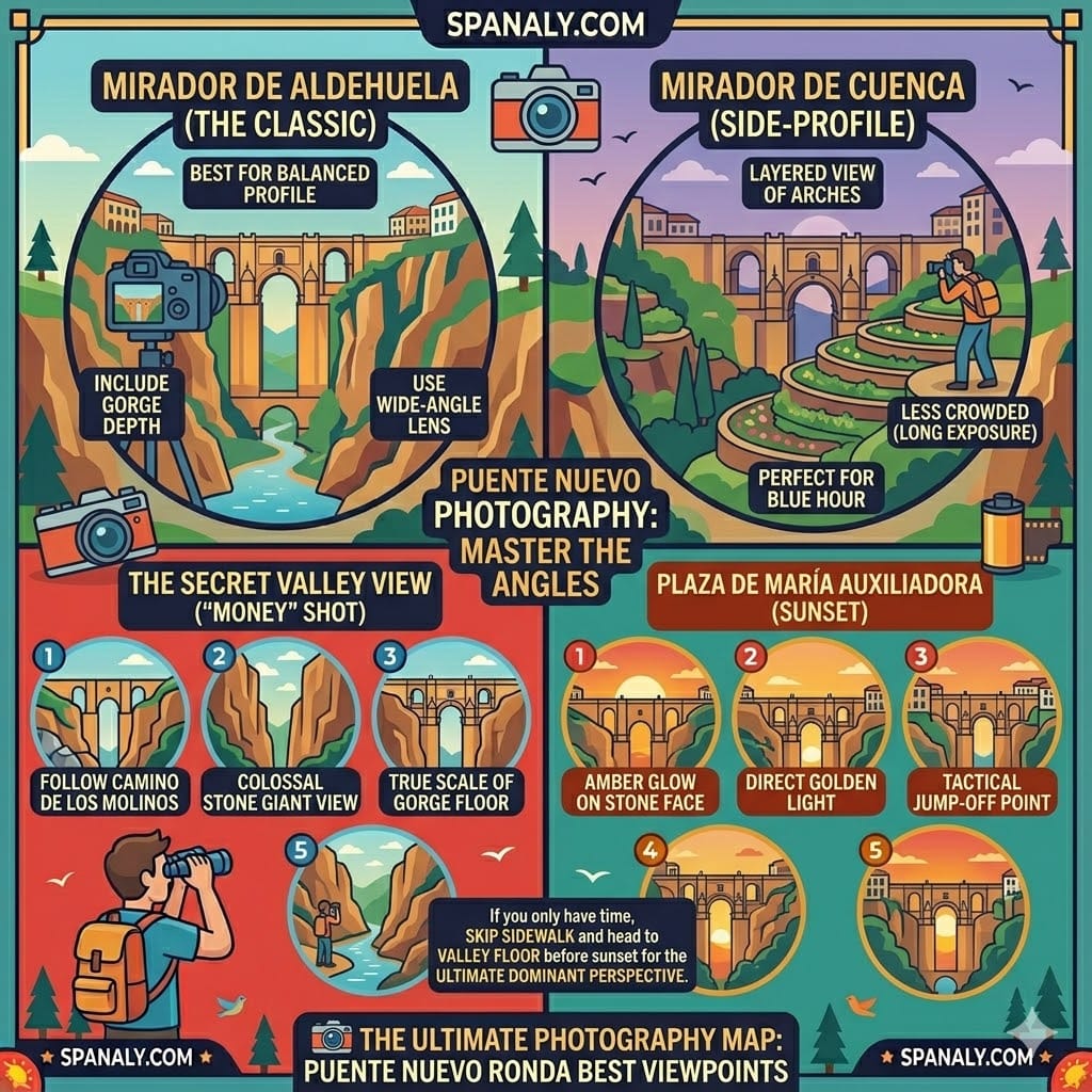 A photography guide infographic for Puente Nuevo Ronda, showcasing the best viewpoints including Mirador de Aldehuela, Mirador de Cuenca, the Secret Valley view, and Plaza de Maria Auxiliadora.