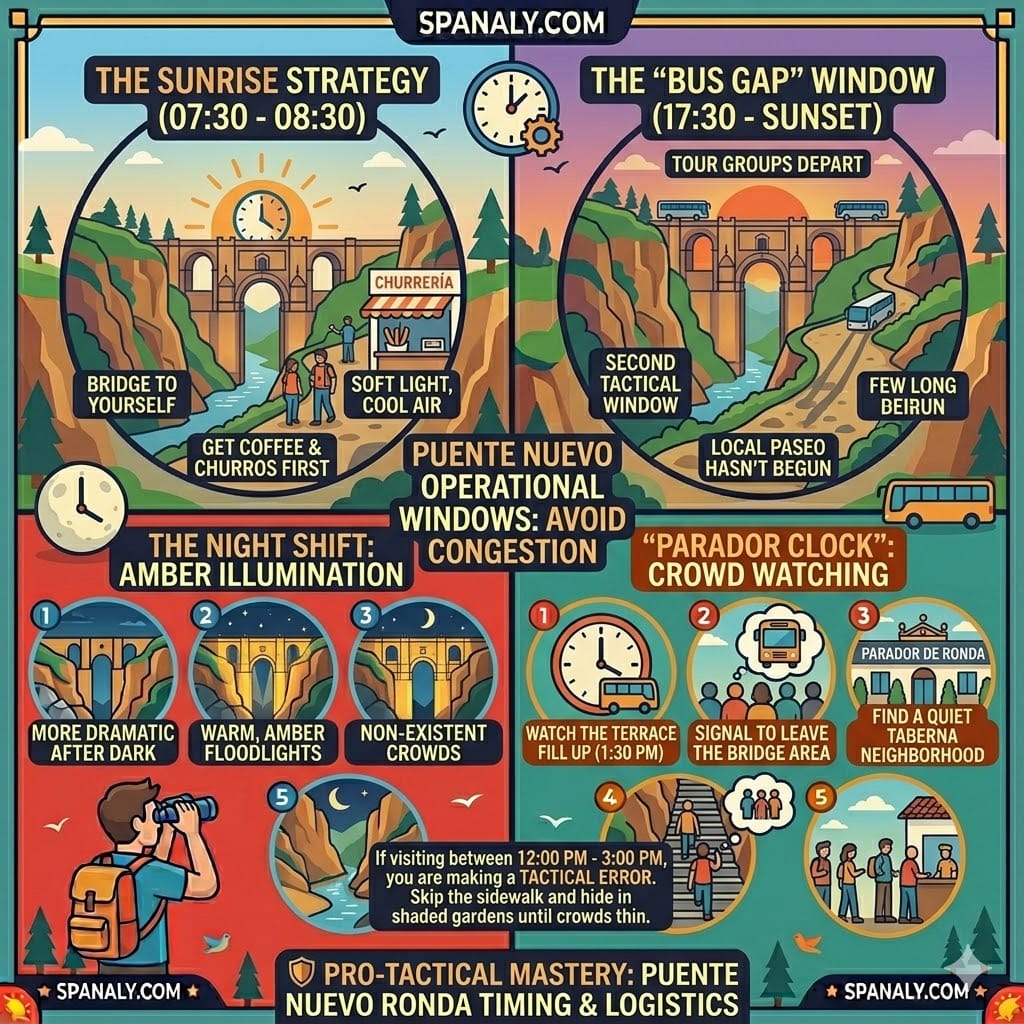 A tactical timing infographic for Puente Nuevo Ronda, detailing the sunrise strategy, the bus gap window after tour groups leave, night illumination, and the Parador clock crowd-watching tip.