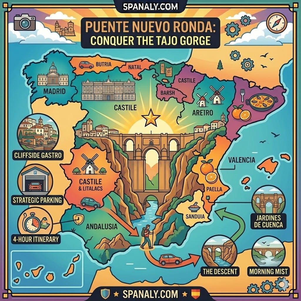 An epic infographic map of Spain highlighting Puente Nuevo in Ronda as a top destination, featuring travel icons for gastronomy, strategic parking, and the Tajo Gorge hiking itinerary.