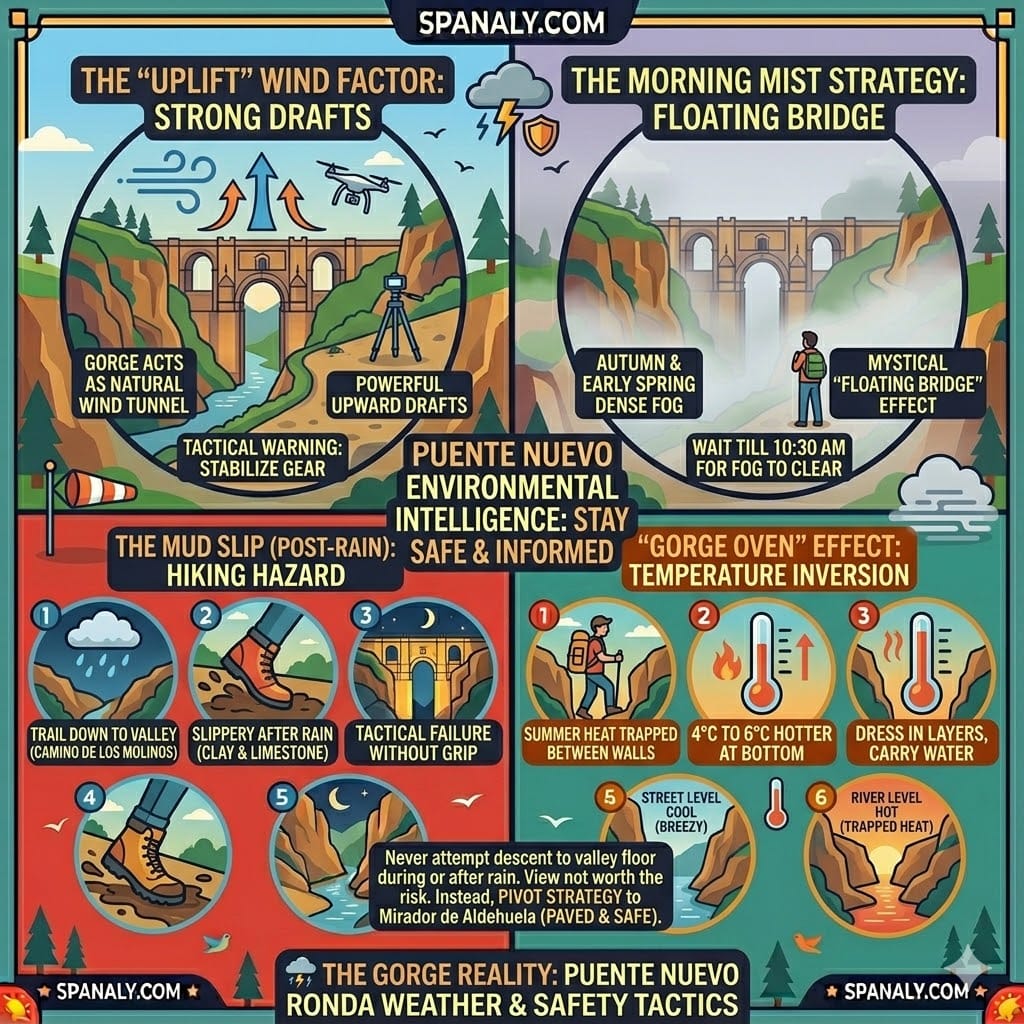 A tactical weather and safety infographic for Puente Nuevo Ronda, illustrating the uplift wind factor, morning mist strategy, mud slip hazards on hiking trails, and the gorge oven temperature effect.