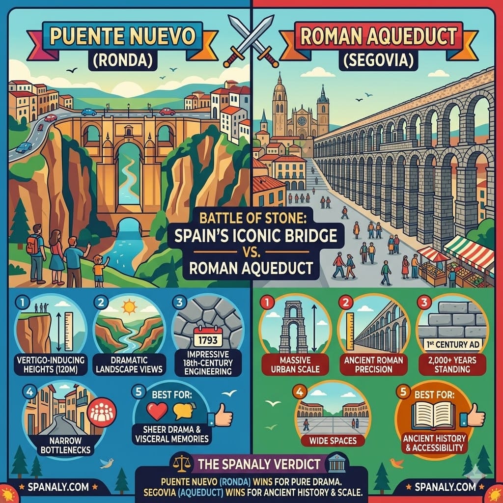 A comparative infographic of Puente Nuevo in Ronda vs the Roman Aqueduct of Segovia, highlighting heights, engineering periods, crowd levels, and traveler suitability.