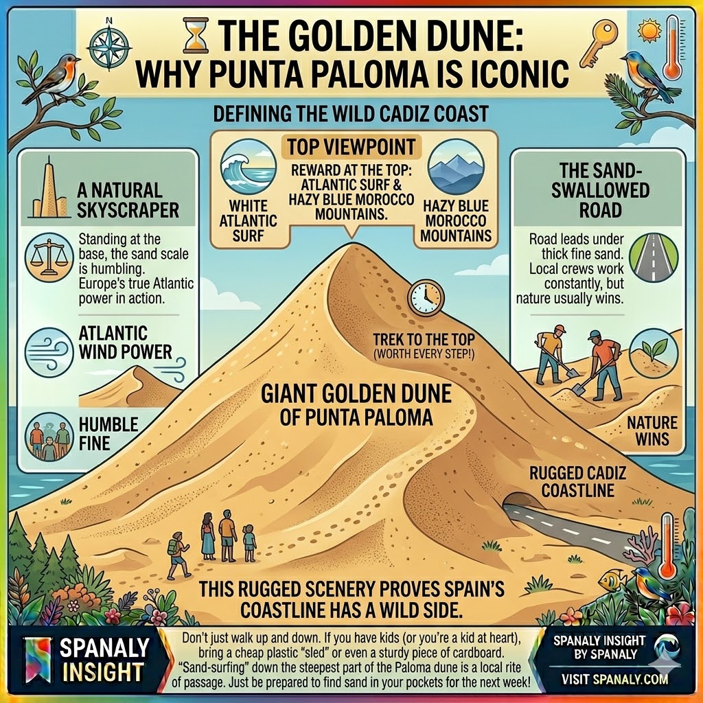 Infographic of the giant golden sand dune at Punta Paloma in Tarifa showing the sand-swallowed road and the viewpoint overlooking the Atlantic.