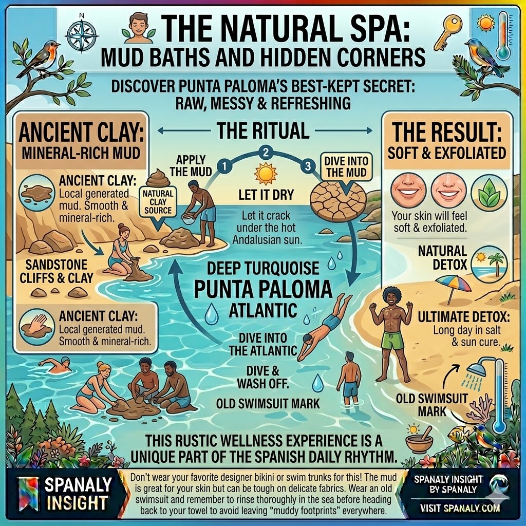 Infographic of the natural mud baths at Punta Paloma in Tarifa showing the step-by-step ritual of applying mineral-rich clay from sandstone cliffs.