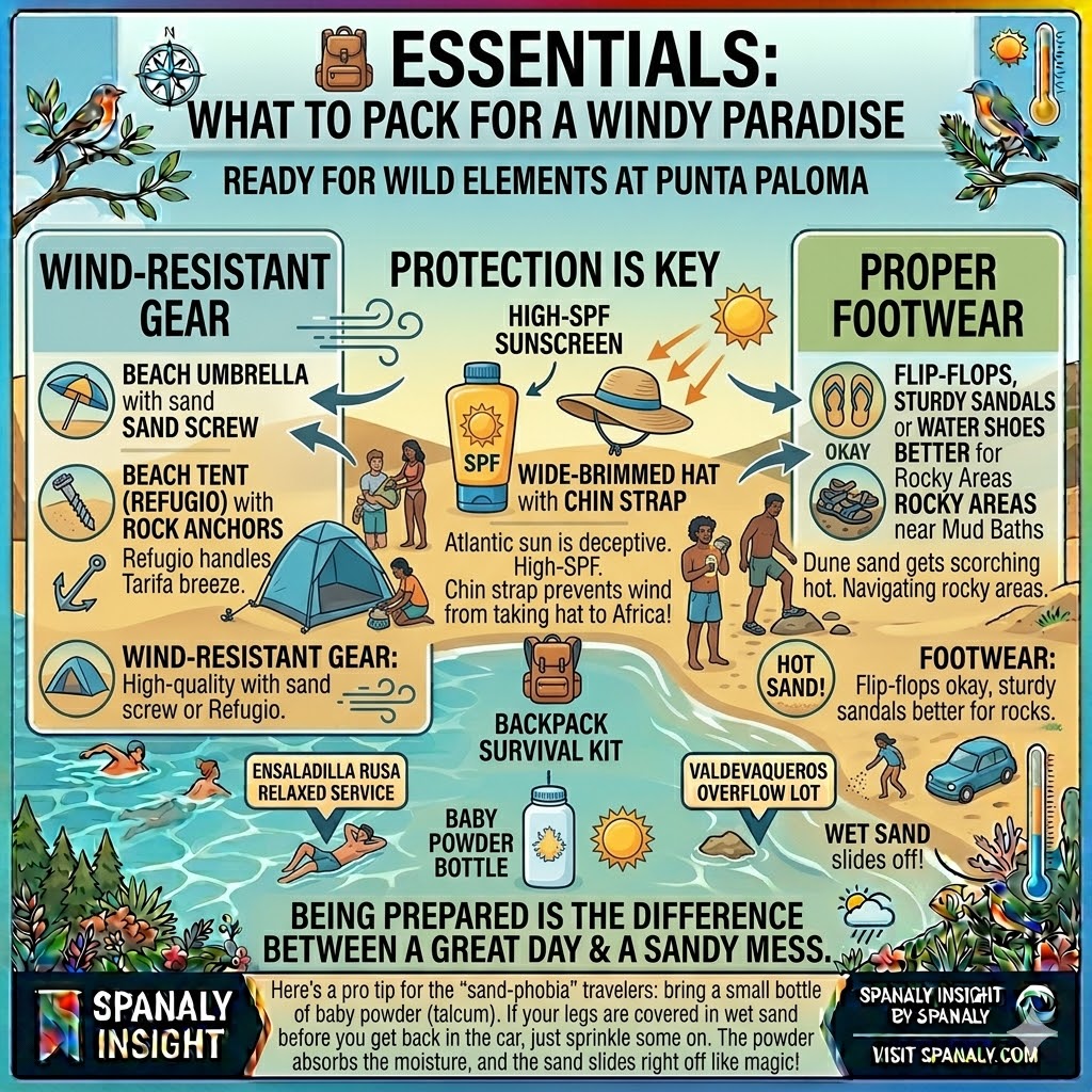 Infographic of essential items to pack for Punta Paloma in Tarifa including wind-resistant gear, SPF protection, and a magic baby powder trick for sand.