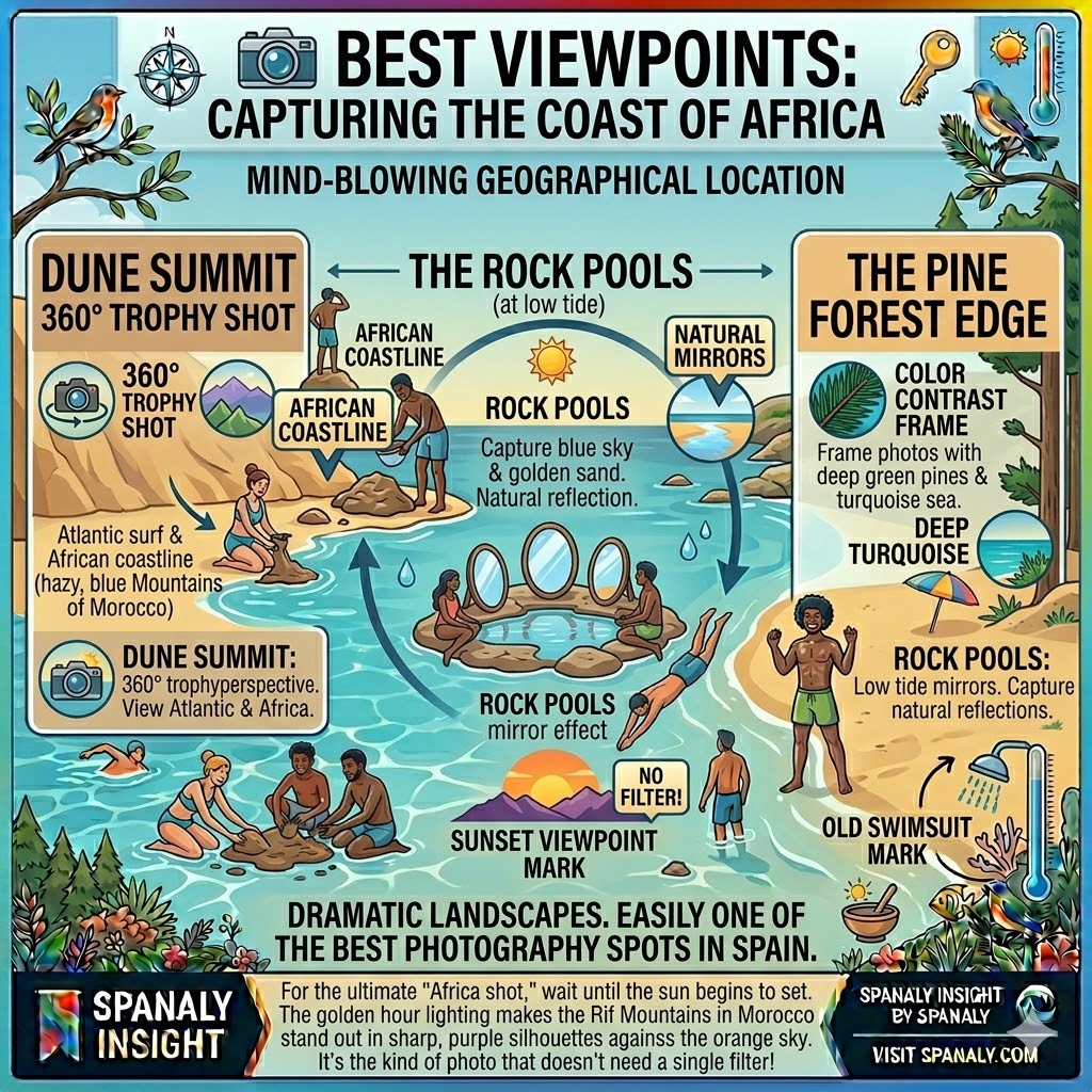 Infographic showing best photography viewpoints at Punta Paloma in Tarifa including the dune summit for 360-degree views and rock pool reflections of the Morocco coastline.