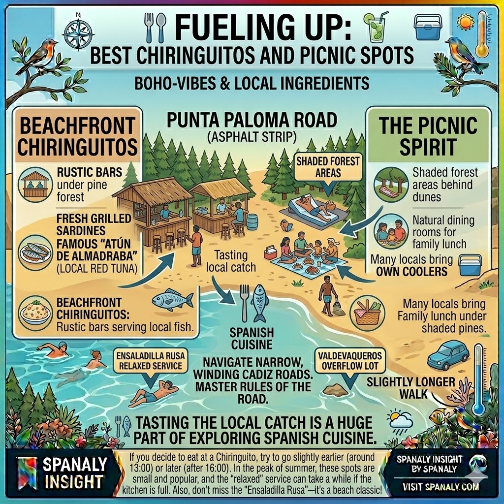 Infographic of dining options at Punta Paloma featuring rustic beachfront chiringuitos, local tuna dishes, and shaded picnic spots under pine trees.