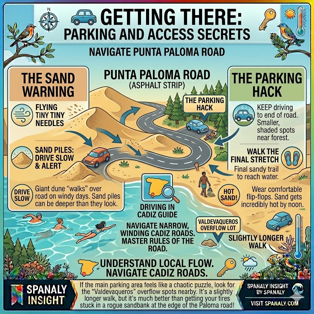 Infographic guide for driving to Punta Paloma in Tarifa, showing the sand-swallowed road, shaded parking hacks, and local access secrets.