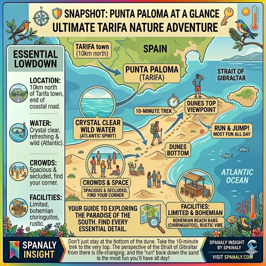 Infographic overview of Punta Paloma beach in Tarifa showing location details, water quality, and the famous sand dunes overlooking the Strait of Gibraltar.