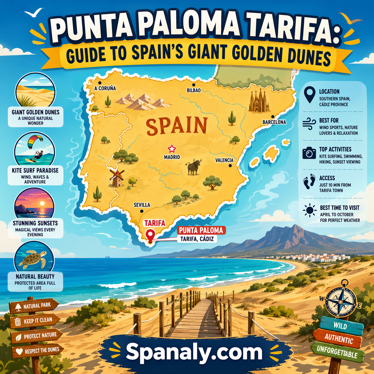 Colorful infographic map of Spain highlighting Punta Paloma Tarifa with giant golden dunes, Atlantic beach, kite surfing, and scenic coastline in Cádiz, Spain