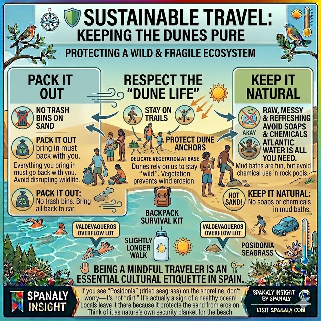 Infographic for sustainable travel at Punta Paloma in Tarifa highlighting eco-friendly tips like waste management, dune protection, and natural mud bath etiquette.
