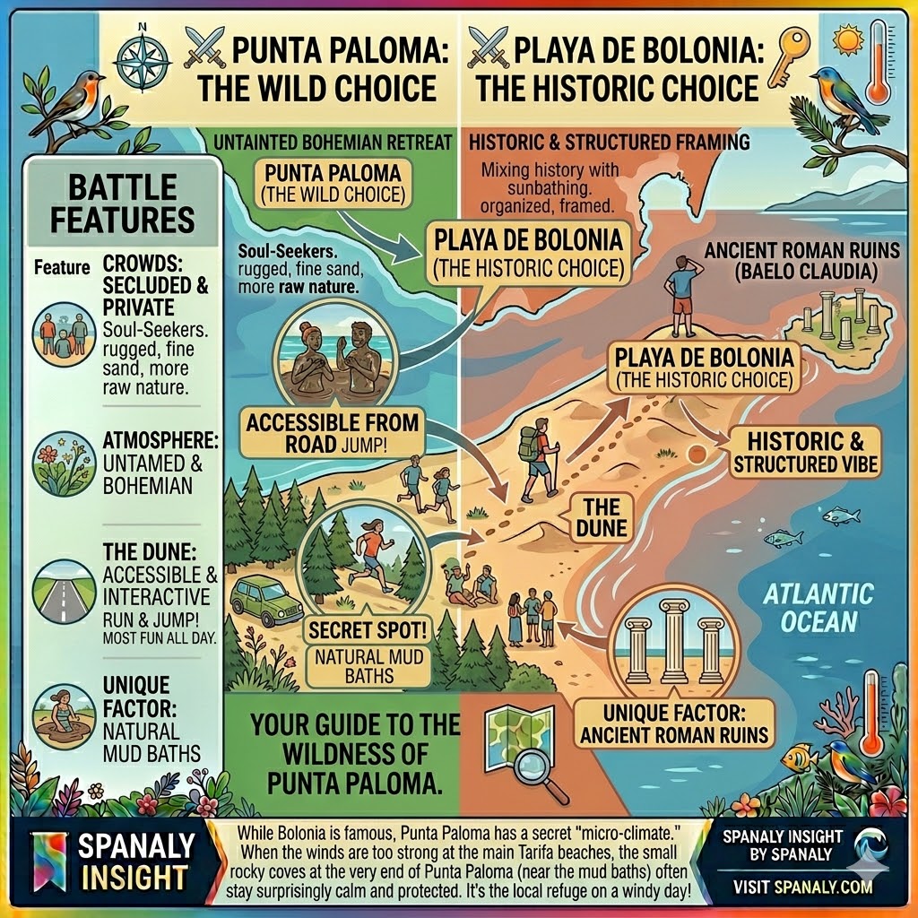 Comparison infographic between Punta Paloma and Playa de Bolonia in Tarifa highlighting wild nature vs historical Roman ruins and sand dunes.
