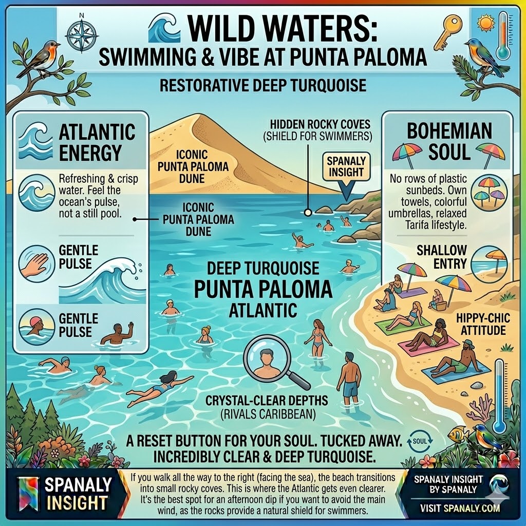 Infographic of Punta Paloma's turquoise wild waters in Tarifa, featuring the bohemian beach vibe, Atlantic waves, and hidden rocky coves.