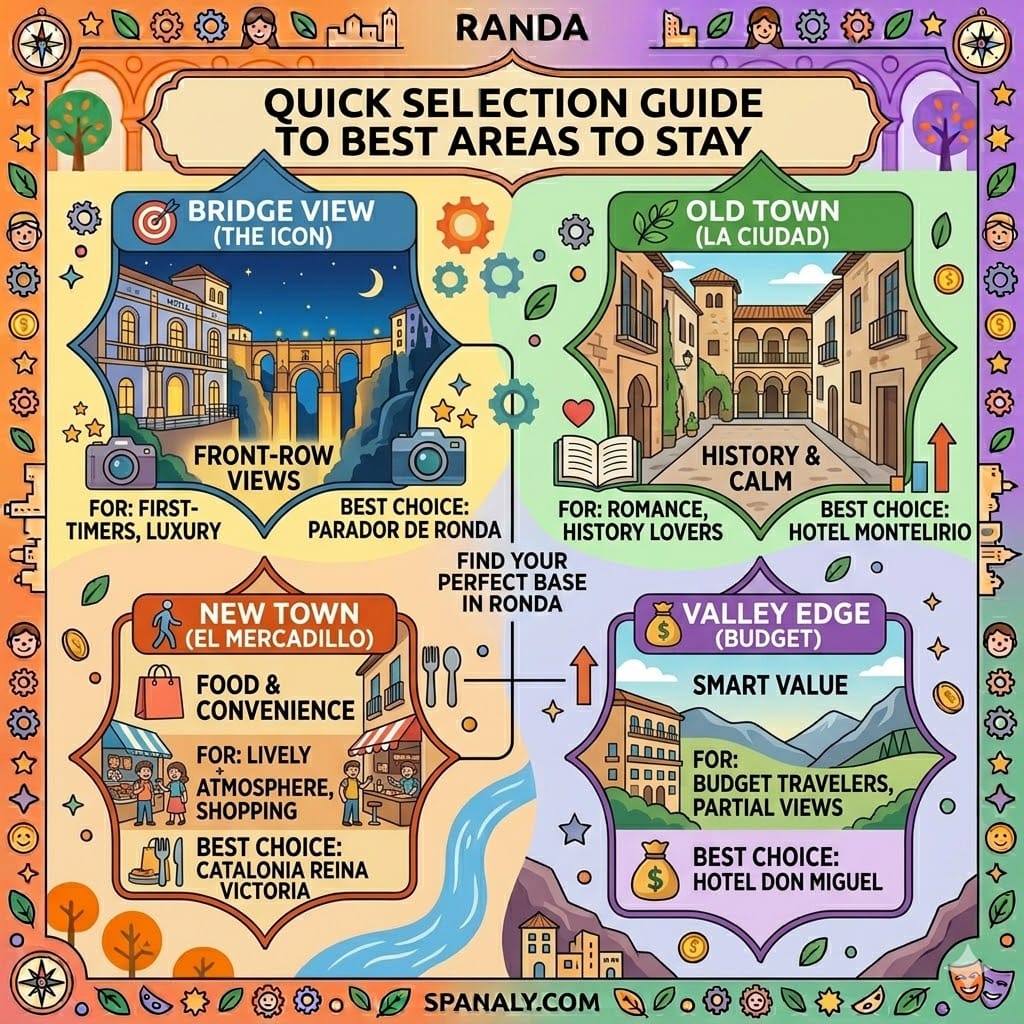 A colorful infographic map of Ronda highlighting the best areas to stay, including Bridge View for luxury, Old Town for history, New Town for convenience, and Valley Edge for budget.