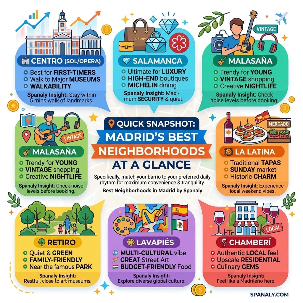 A vibrant square infographic providing an immediate visual snapshot comparing the best neighborhoods in Madrid, featuring icons for Centro, Salamanca, Malasaña, La Latina, Retiro, Lavapiés, and Chamberí with Spanaly branding, all in English with no Arabic text or date.