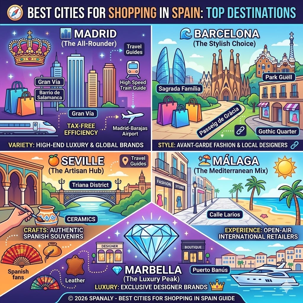 A colorful illustrated square infographic snapshot summarizing the best shopping cities in Spain, including Madrid for high-end luxury and global brands, Barcelona for avant-garde fashion and local designers, Seville for authentic Spanish crafts, Málaga for open-air international retailers, and Marbella for exclusive designer boutiques, all detailed with distinct visual style and no Arabic text.