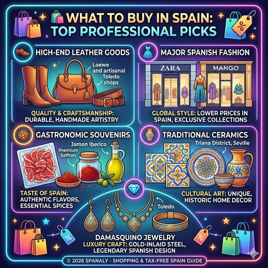 Vibrant square infographic guide to the best professional products to buy in Spain, highlighting Spanish leather, flagship fashion, ceramics, Jamon, and Damasquino jewelry, all with no Arabic text.