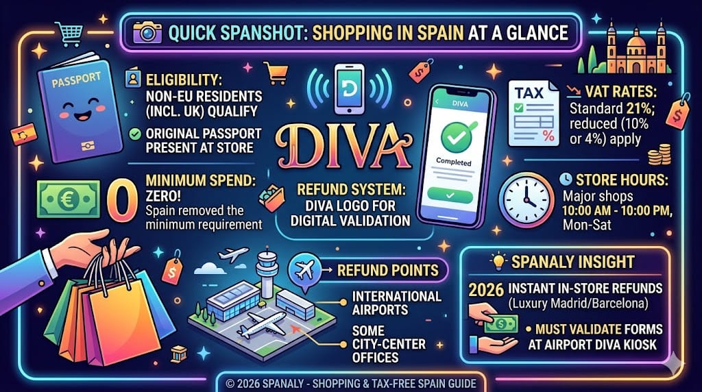 Vibrant infographic snapshot summarizing key Spain shopping and tax-free facts, including zero minimum spend, eligibility for non-EU residents, Standard 21% VAT rate, DIVA digital validation system, major store hours (10 AM to 10 PM), refund locations at airports and city centers, and original passport requirements, all in English.