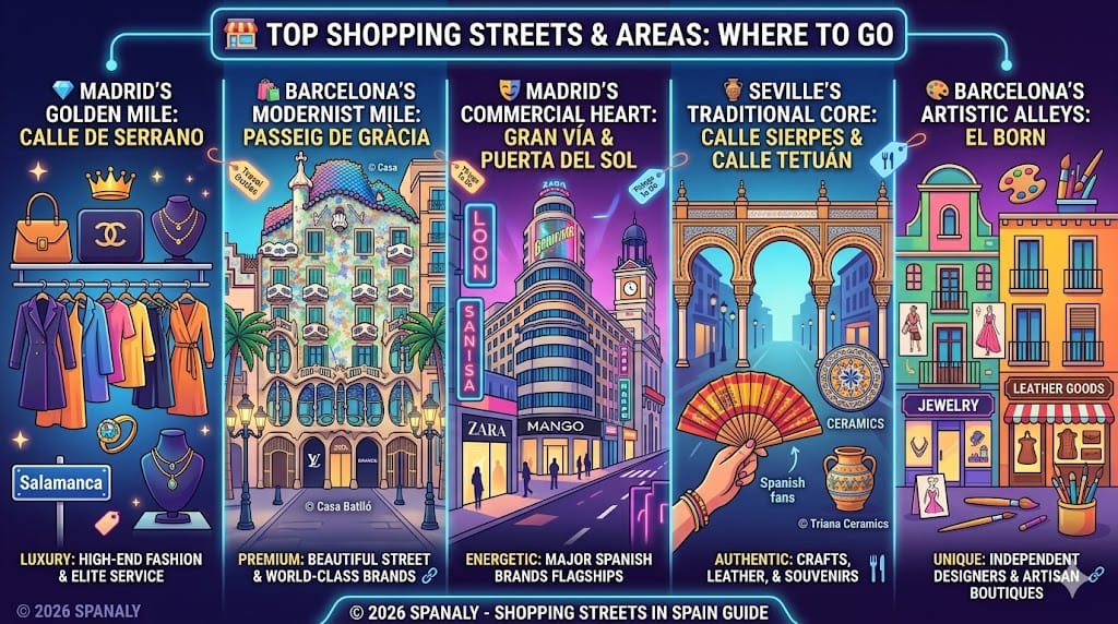 Vibrant infographic guide to the best shopping cities in Spain, highlighting Madrid for luxury, Barcelona for fashion, Seville for crafts, and Marbella for exclusive boutiques.