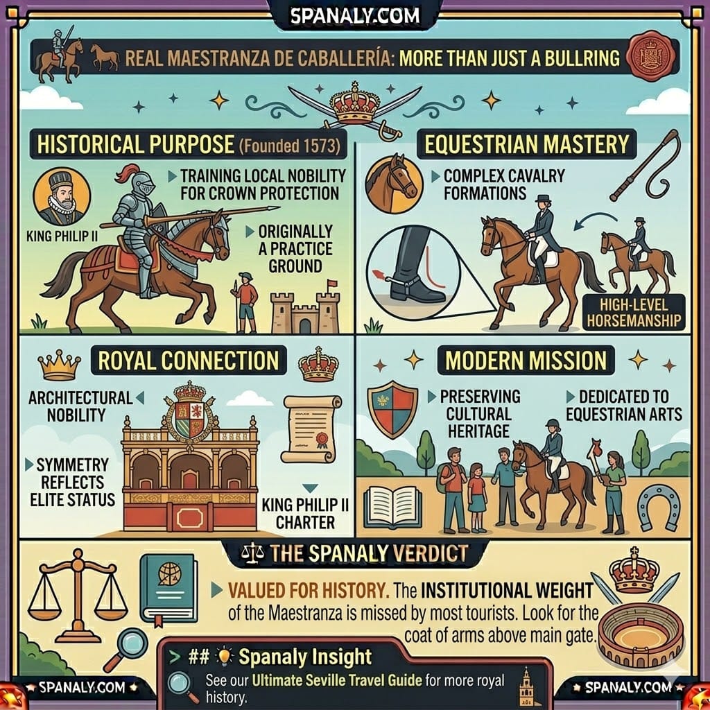 A colorful infographic about the Real Maestranza de Caballería in Ronda, explaining its historical purpose for crown protection, equestrian mastery, and its royal connection to King Philip II.
