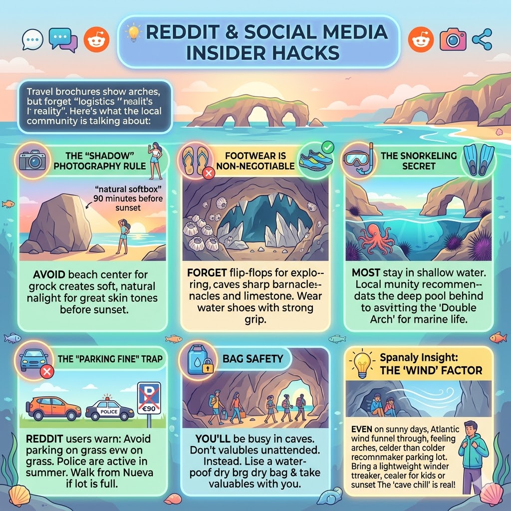 Infographic with insider travel hacks for Playa de Cuevas del Mar, covering photography lighting, water shoes for sharp rocks, snorkeling spots, parking fine warnings, and bag safety tips from Reddit and social media.