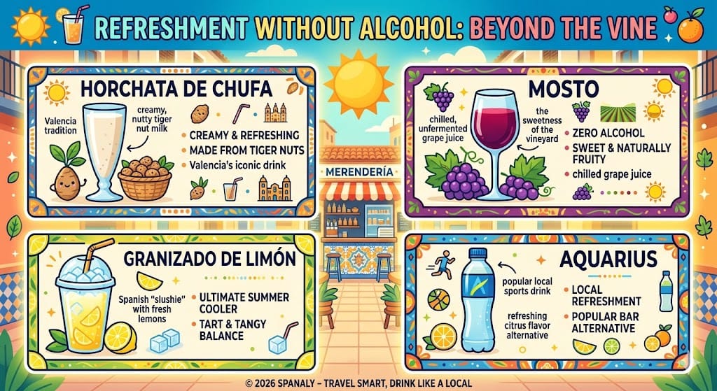 A colorful infographic titled Refreshment Without Alcohol featuring traditional Spanish drinks like Horchata de Chufa, Mosto grape juice, Granizado de Limón, and Aquarius with regional origins and flavor profiles.