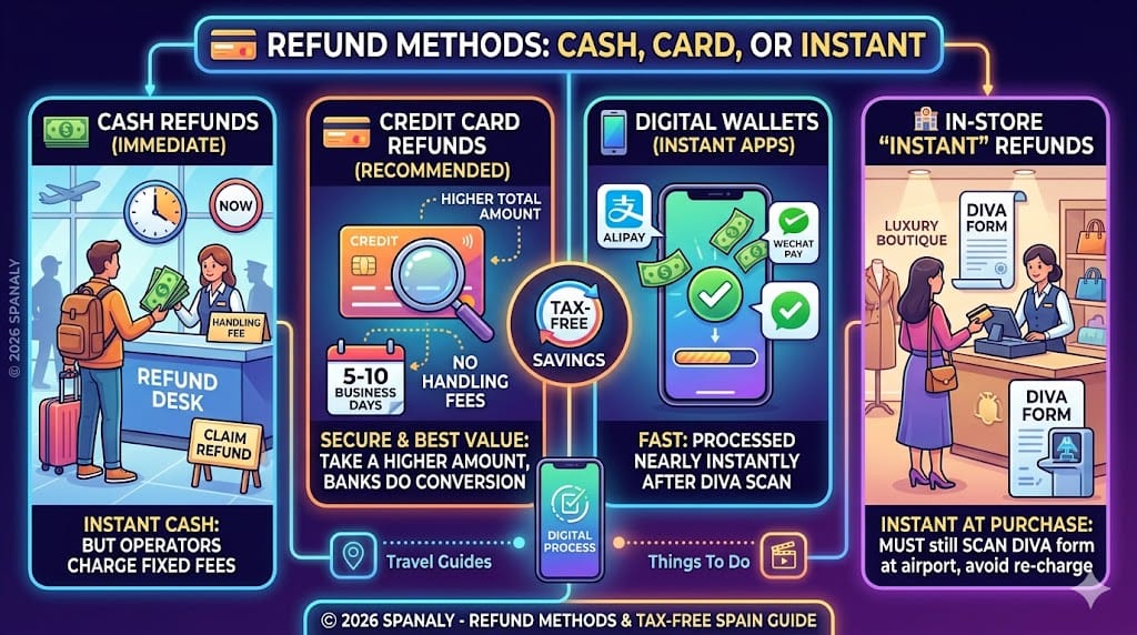 A vibrant illustrated infographic guide summarizing the definitive options for tax-free refunds in Spain, including immediate cash, recommended credit card, fast digital wallets, and convenient in-store processing, all detailed with distinct visual style and no Arabic text.
