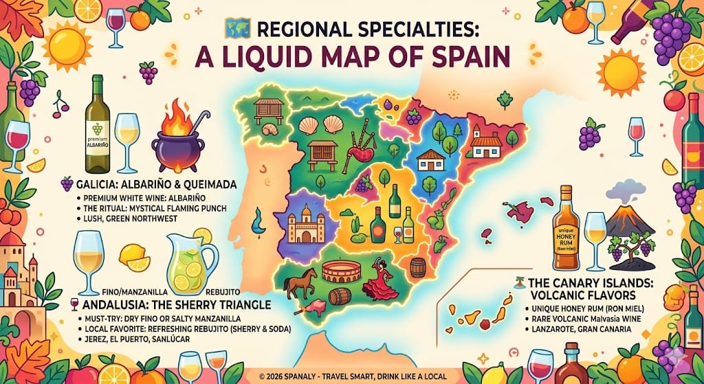 A colorful infographic map of Spain highlighting regional specialty drinks, including Sherry from Andalusia, Albariño wine and Queimada from Galicia, and Honey Rum from the Canary Islands.