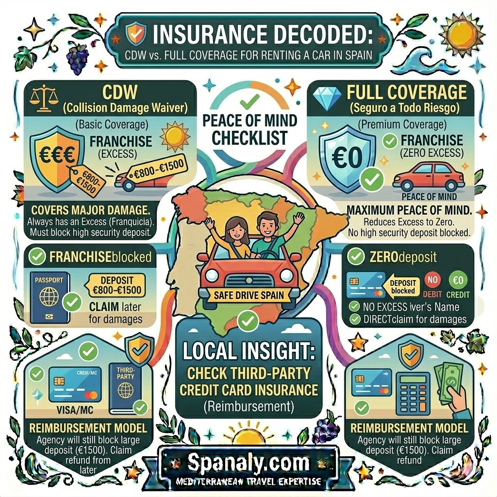 A colorful infographic comparing car rental insurance options in Spain, featuring panels for CDW with excess and full coverage (Seguro a Todo Riesgo) with zero excess, alongside details on third-party credit card reimbursement and theft protection.
