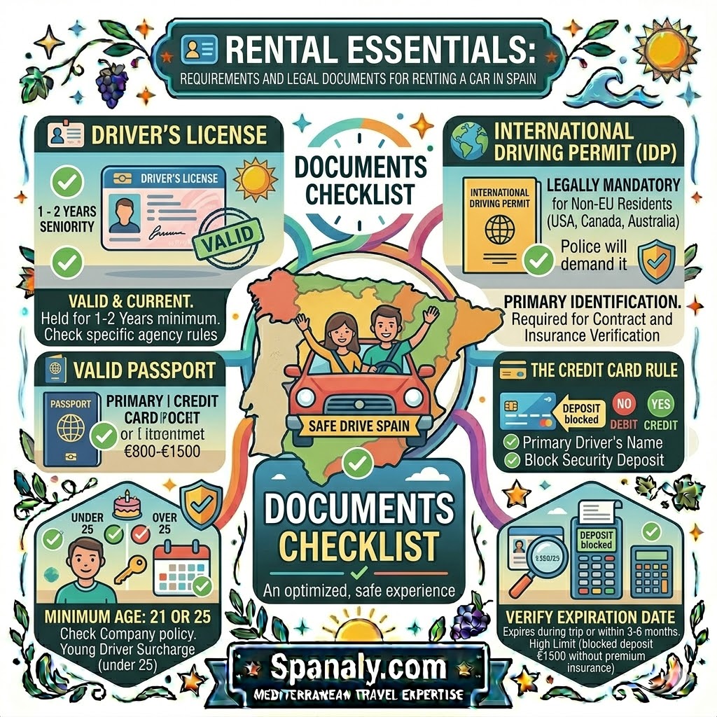 A colorful infographic checklist of essential documents for renting a car in Spain, including a valid driver's license, International Driving Permit (IDP), passport, and a physical credit card for the security deposit.