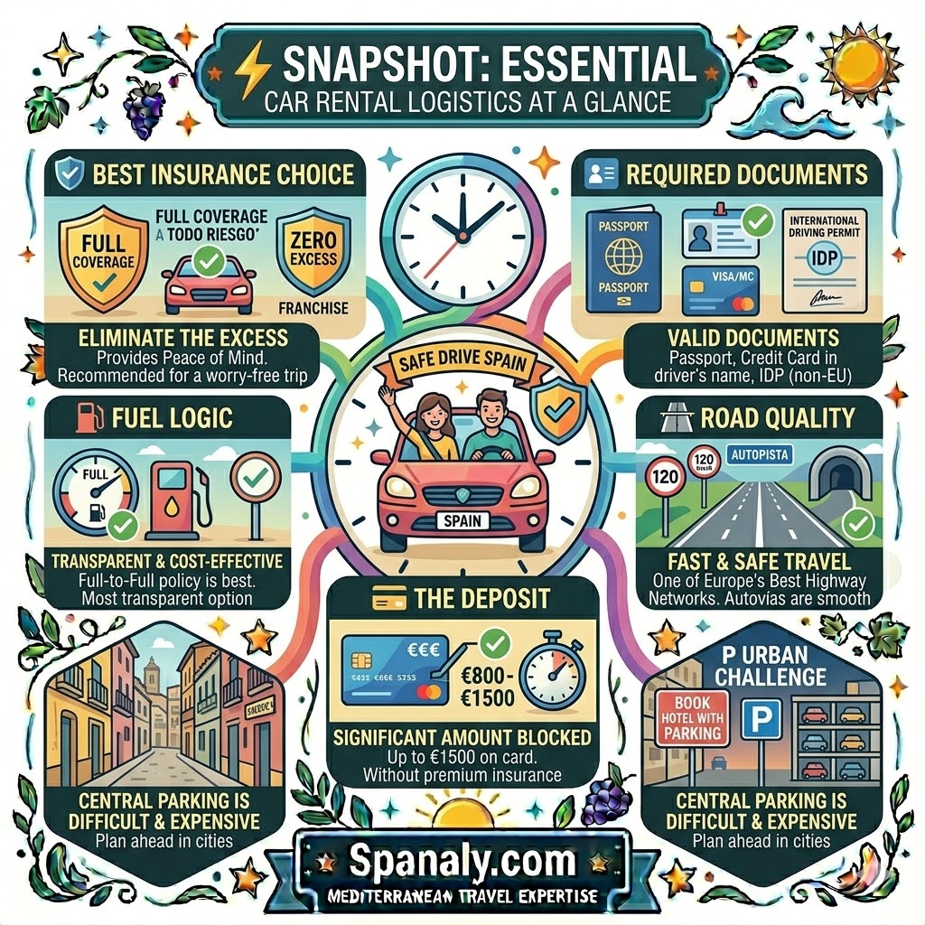 A colorful and vibrant modern infographic fanning out six illustrated panels linked to a central clock with figures in a car, illustrating a snapshot of essential car rental logistics in Spain, including best insurance, required documents, road quality, urban challenges, the deposit, and fuel logic.