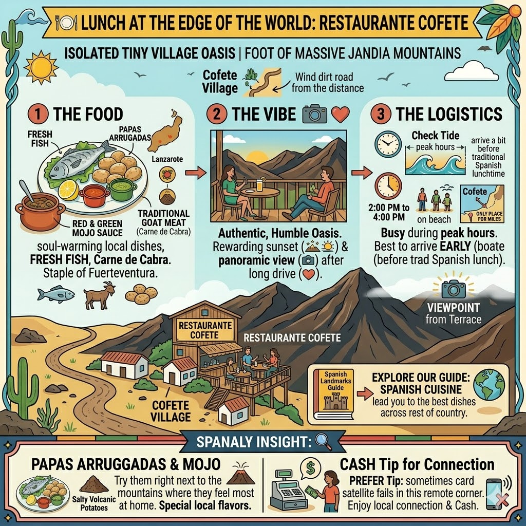 An infographic guide to Restaurante Cofete in Fuerteventura, featuring local dishes like Papas Arrugadas and goat meat, with tips on peak hours and cash payments.