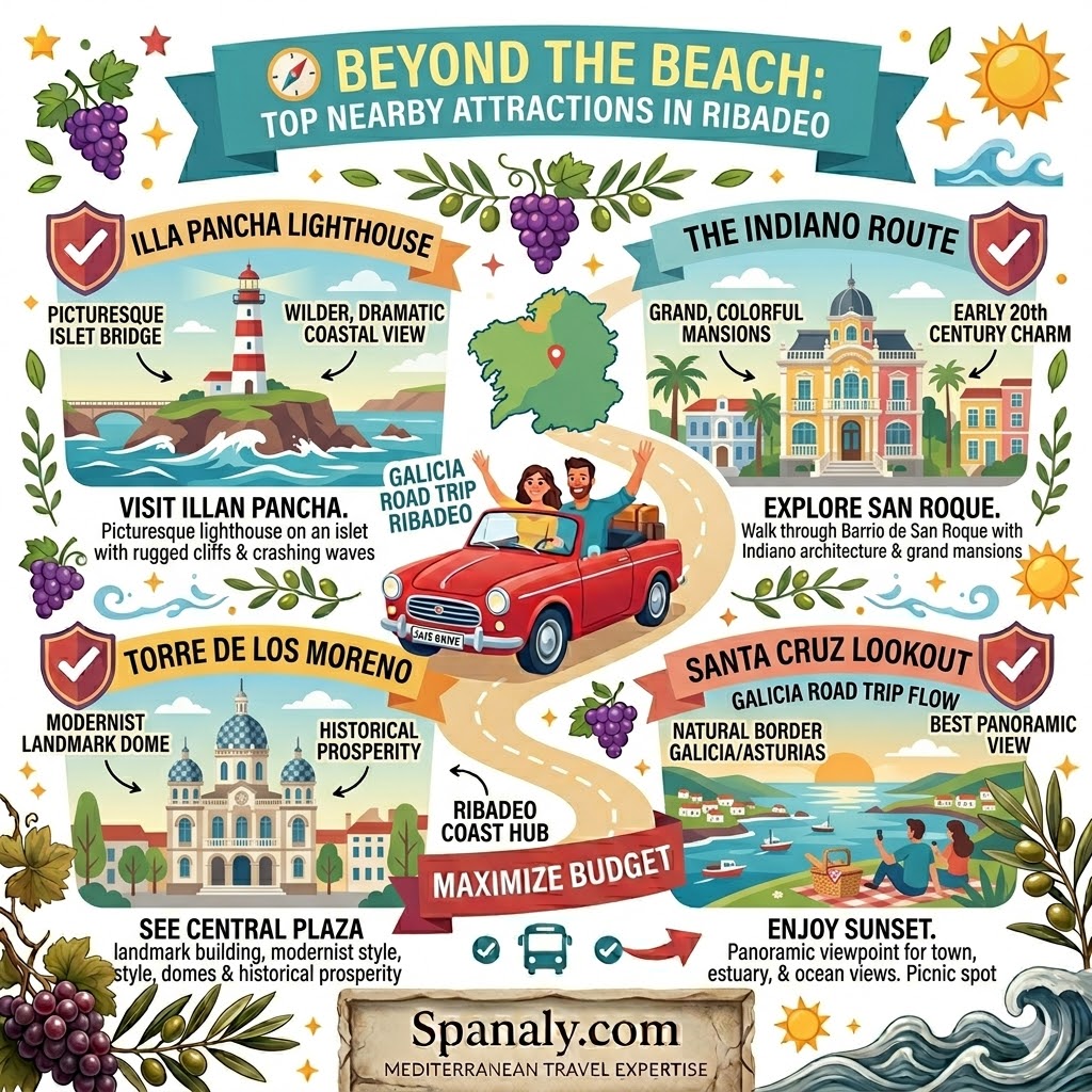 A colorful travel infographic of Ribadeo highlights near Playa de las Catedrales, featuring Illa Pancha Lighthouse, the Indiano Route mansions, Torre de los Moreno, and the Santa Cruz sunset lookout.