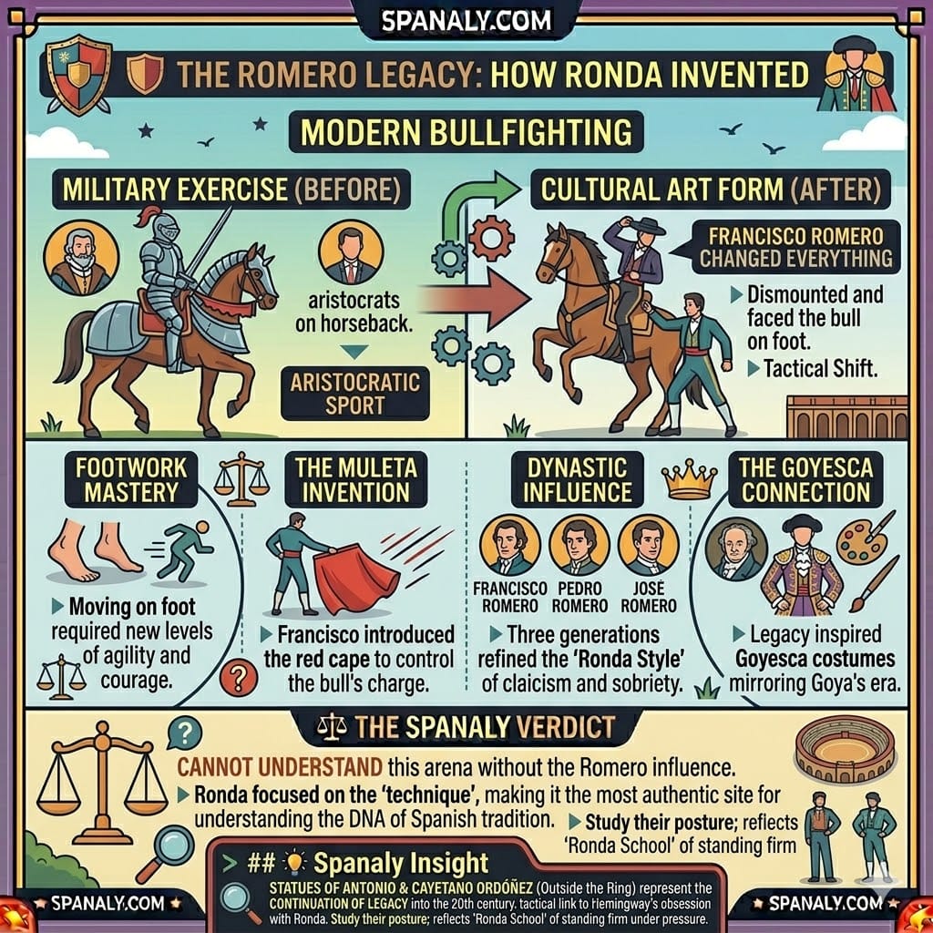A detailed historical infographic explaining the Romero family legacy in Ronda, showing the evolution from horseback to modern foot-based bullfighting and the Goyesca connection.
