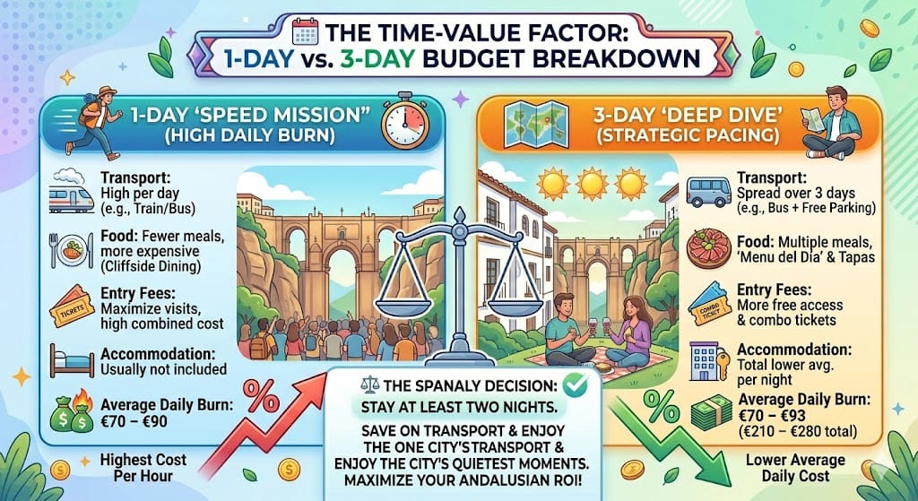 Infographic comparing 1-day vs 3-day travel budget in Ronda, showing lower average daily costs and strategic pacing for better ROI.