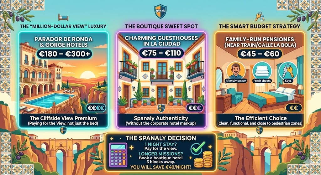 A vibrant infographic showing Ronda accommodation costs including luxury gorge hotels, boutique guesthouses in the Old Town, and budget family pensiones with expert saving tips.