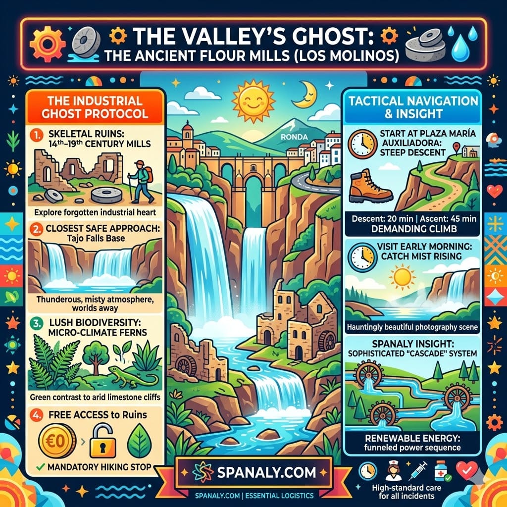 A detailed infographic titled 'THE VALLEY’S GHOST' showing the ruins of Ronda's 14th-century flour mills at the base of the Tajo falls, highlighting the lush micro-climate, free access, and tactical 45-minute ascent navigation from Plaza María Auxiliadora.