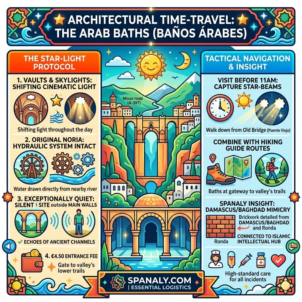 A vibrant infographic titled 'ARCHITECTURAL TIME-TRAVEL' for the Arab Baths in Ronda, highlighting star-shaped skylights, the original hydraulic noria system, and tactical navigation tips for visiting before 11 AM to capture star-beams.