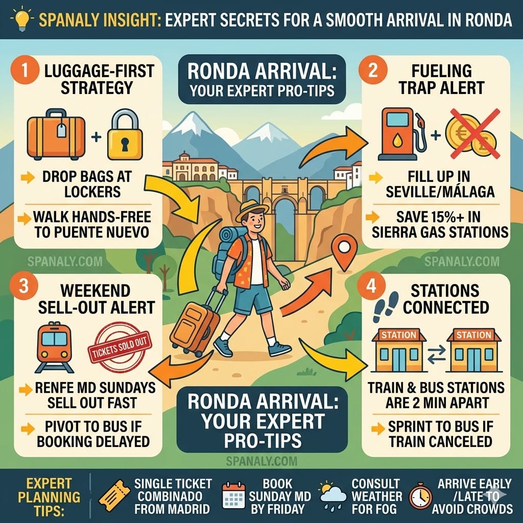 A colorful flat vector infographic in the Spanaly style showcasing expert secrets and hacks for a smooth arrival in Ronda, including 'Luggage-First Strategy' (using lockers), 'Fueling Trap Alert' (fueling in Seville/Málaga), 'Weekend Sell-out Alert' (booking Sunday MD trains), and 'Stations Connected' (2-min sprint between stations), featuring a tourist near Puente Nuevo, tactical tips, and the Spanaly.com watermark.
