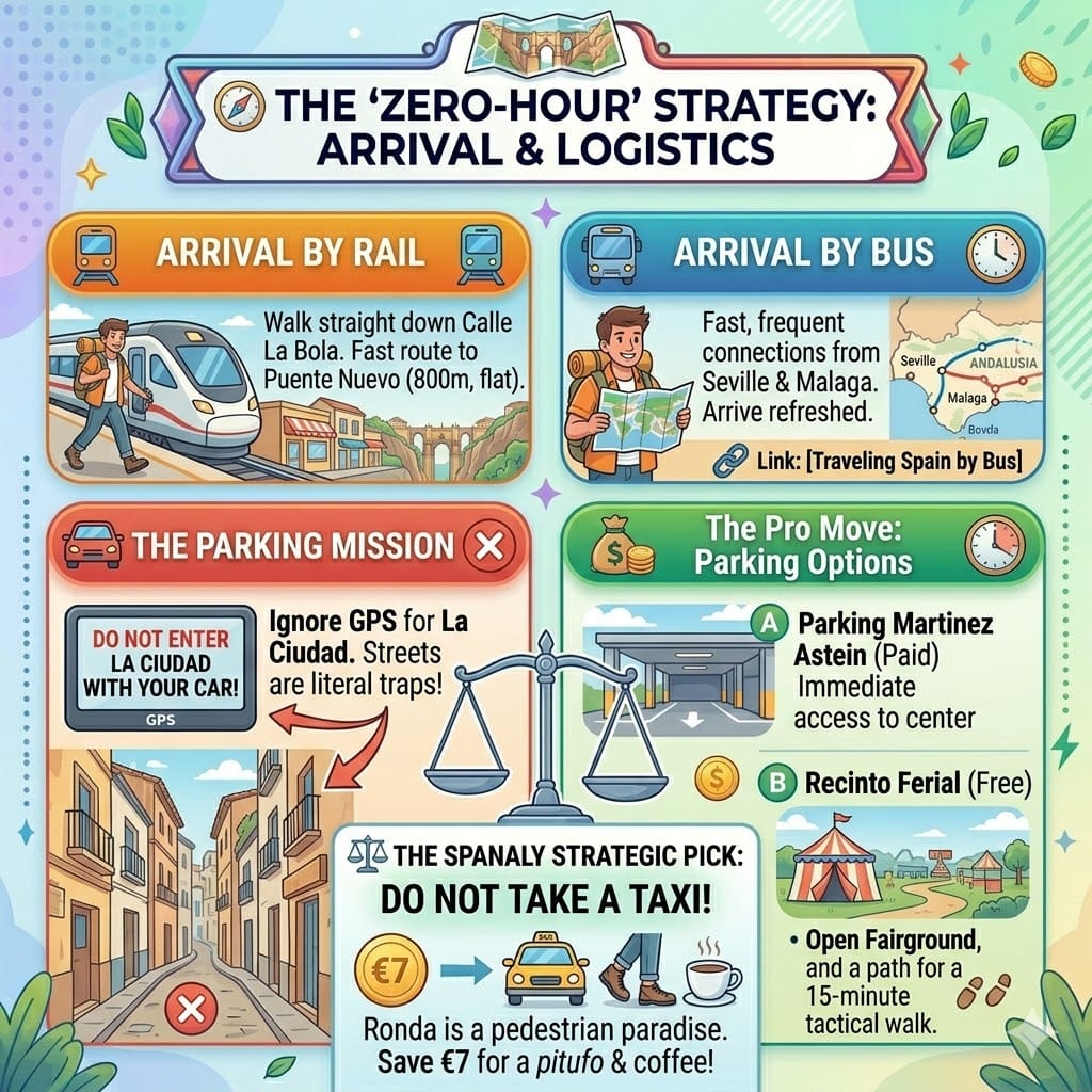 Tactical travel infographic for arriving in Ronda showing train and bus station routes, parking options at Martinez Astein, and free parking at Recinto Ferial.